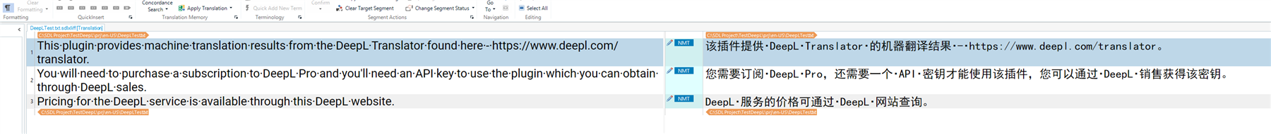 Screenshot of RWS AppStore Applications interface showing a message about the DeepL Translator plugin, with a link to DeepL's website and information about needing a subscription and API key.