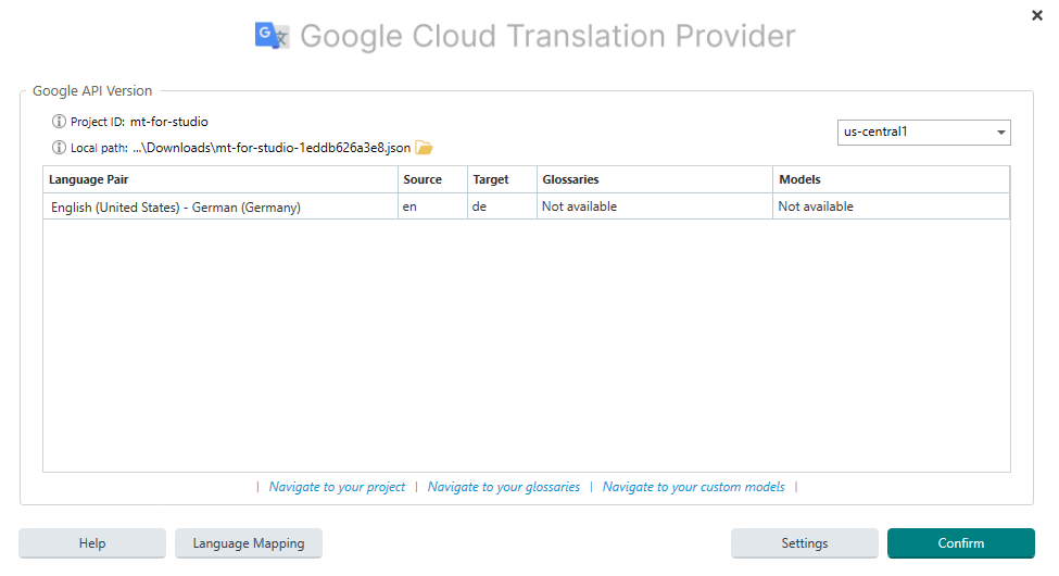 Screenshot of Trados Studio's Google Cloud Translation Provider settings showing a language pair English (United States) to German (Germany) with source 'en' and target 'de'. Glossaries and Models sections read 'Not available'.