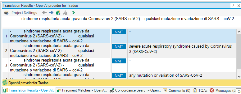 Screenshot of Translation Results in Trados Studio showing multiple translation suggestions for a segment with hyphens and uppercase text, highlighting inconsistent splitting.