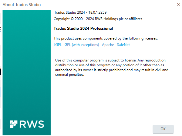 Screenshot of the 'About Trados Studio' dialog box displaying the version number 18.0.1.2259 for Trados Studio 2024 Professional, along with copyright and licensing information.