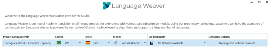 Language Weaver translation provider interface for Trados Studio showing a project language pair Portuguese (Brazil) to Spanish (Spain) with available model and dictionary options.