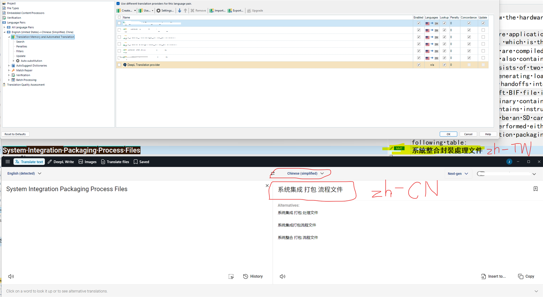 Screenshot of Trados Studio 2024 showing language pair settings for English (United States) to Chinese (Simplified, China) with a highlighted translation in the Studio Editor view that is in Traditional Chinese instead of Simplified Chinese.