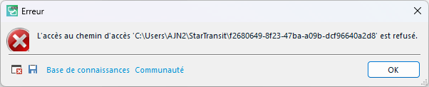 Error dialog box with a red cross icon indicating 'Access to the path C:UsersAJN2StarTransit followed by a long alphanumeric string is denied.' Below are buttons for 'Knowledge Base' and 'Community' with an 'OK' button.