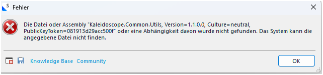 Error dialog box in Trados Studio indicating a missing file or assembly 'Kaleidoscope.Common.Utils, Version=1.1.0.0' or one of its dependencies.