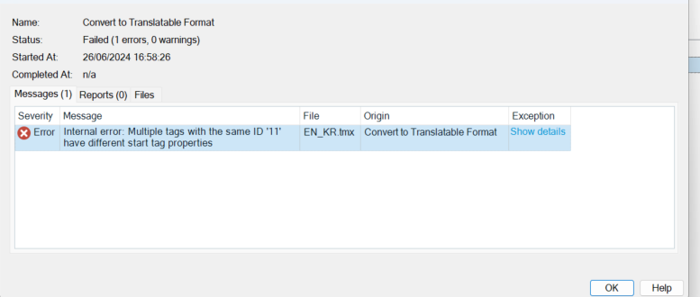 Screenshot of RWS AppStore Applications error message. Status: Failed (1 errors, 0 warnings). Error: Internal error: Multiple tags with the same ID '1' have different start tag properties.