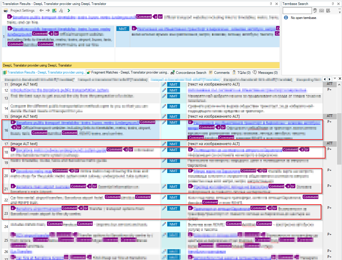 Screenshot of Trados Studio interface showing segments translated into Bulgarian. Segments are marked as NMT, and the content is blurred. No error messages are visible.