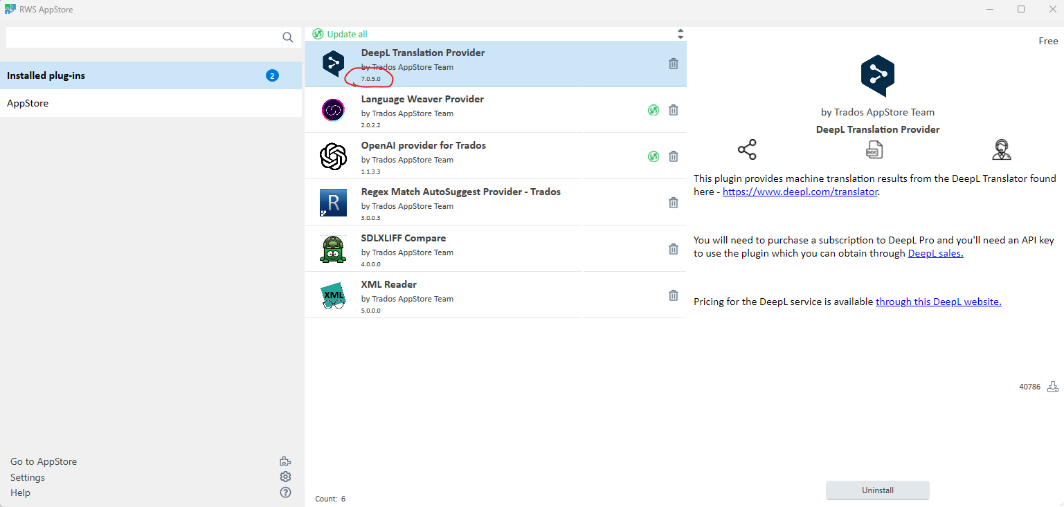 Screenshot of the RWS AppStore window with the DeepL Translation Provider plugin version 7.0.5.0 installed, highlighted among other plugins such as Language Weaver Provider and OpenAI provider for Trados.