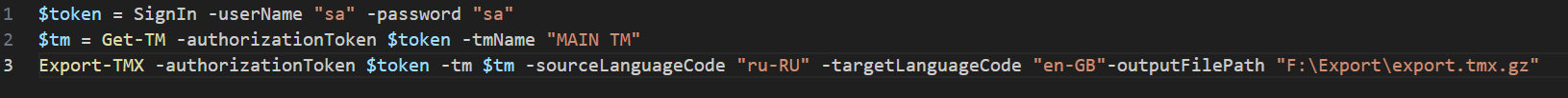 PowerShell script showing commands to sign in, get a translation memory, and export a TMX file with source language ru-RU and target language en-GB.