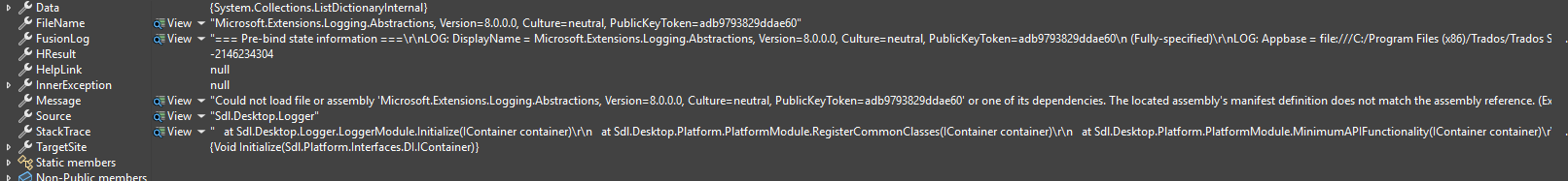 Error details in a debugging tool showing an exception related to Microsoft.Extensions.Logging.Abstractions.dll, version mismatch, and stack trace information.