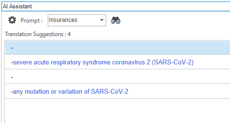 Screenshot of AI Assistant in Trados Studio displaying translation suggestions for a prompt labeled 'Insurances,' with issues in splitting results for segments with hyphens and uppercase text.