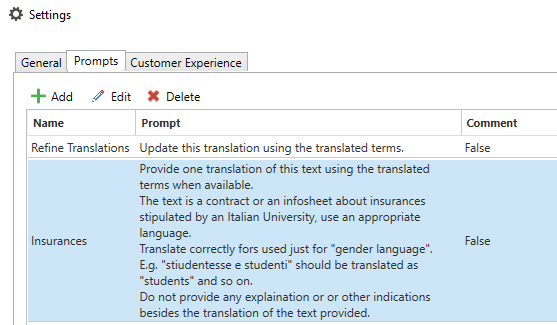 Screenshot of Settings in Trados Studio under the Prompts tab, showing a prompt named 'Insurances' with detailed instructions for translation and a comment set to False.
