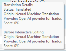 Trados Studio Translation Details expanded view with Status: Translated, Origin: Neural Machine Translation, Provider: OpenAI provider for Trados, Score: 0%, and additional Before Interactive Editing details.