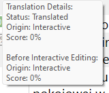 Trados Studio Translation Details showing Status: Translated, Origin: Interactive, Score: 0%, with Before Interactive Editing details repeating the same information.