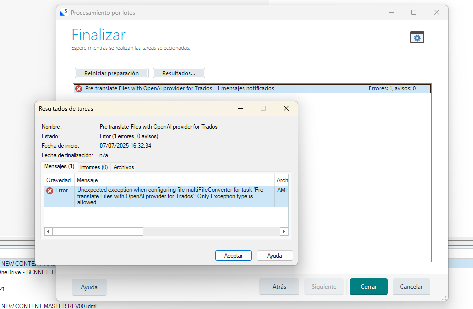 Trados Studio error window showing 'Pre-translate Files with OpenAI provider for Trados' task with an error message: 'Unexpected exception when configuring file multiFileConverter for task Pre-translate Files with OpenAI provider for Trados: Only Exception type is allowed.'