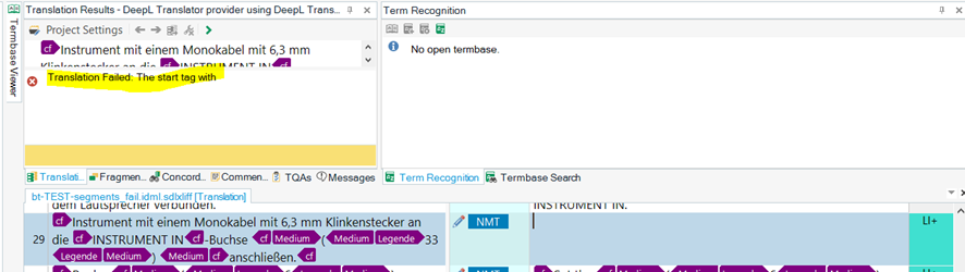 Screenshot of Trados Studio with a translation error message: Translation Failed: The start tag with...