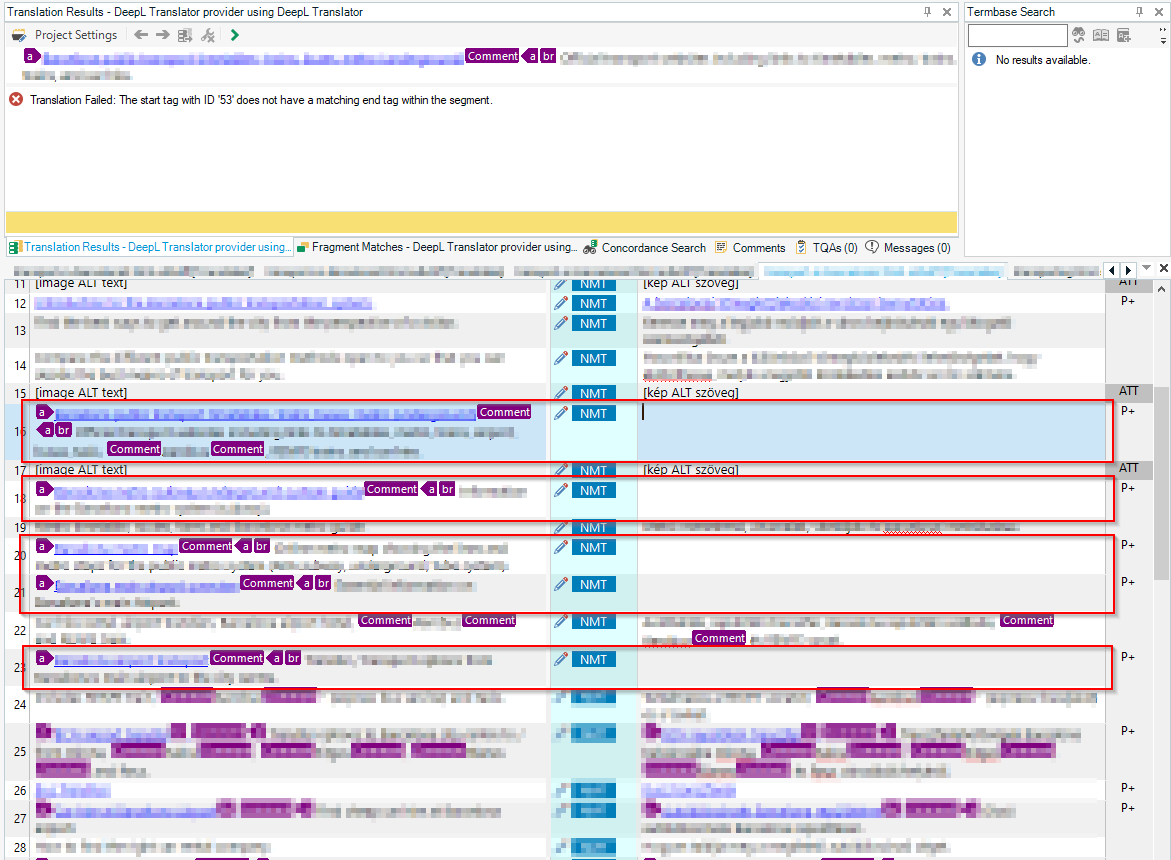 Screenshot of Trados Studio with DeepL plugin error message: 'Translation Failed: The start tag with ID '53' does not have a matching end tag within the segment.' Some segments are marked as NMT and translated, but the content is blurred.