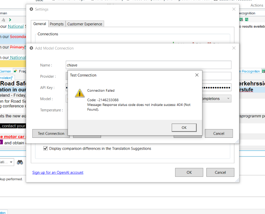 Screenshot of Trados Studio's 'Add Model Connection' settings window with a 'Connection Failed' error dialog box in front. Error code: 2146233088, message: Response status code does not indicate success: 404 (Not Found).