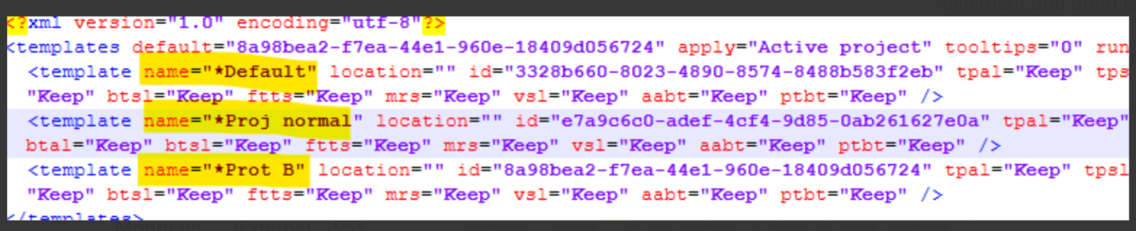 XML file snippet showing template definitions with attributes such as name, location, and id. Highlighted templates include Default, Proj normal, and Prot B.