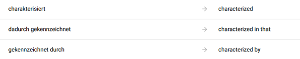 Screenshot showing German terms 'charakterisiert', 'dadurch gekennzeichnet', and 'gekennzeichnet durch' translated to English as 'characterized', 'characterized in that', and 'characterized by'.