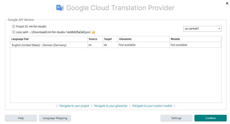Trados Studio screenshot showing Google Cloud Translation Provider settings with 'Glossaries' and 'Models' sections marked as 'Not available'.