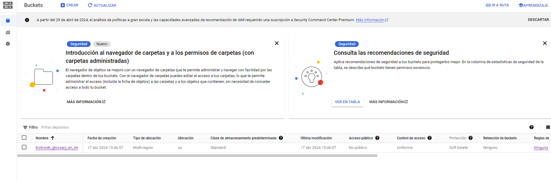 Google Cloud console screenshot with security recommendations pop-up and a list of buckets, one named 'biotronik_glossary_en_de' with no public access.