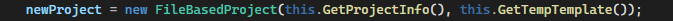 Code snippet showing the initialization of a new FileBasedProject with methods GetProjectInfo and GetTempTemplate.