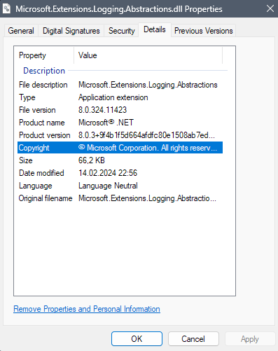 Properties window for Microsoft.Extensions.Logging.Abstractions.dll showing file version 8.0.324.11423, copyright by Microsoft Corporation, and other metadata.