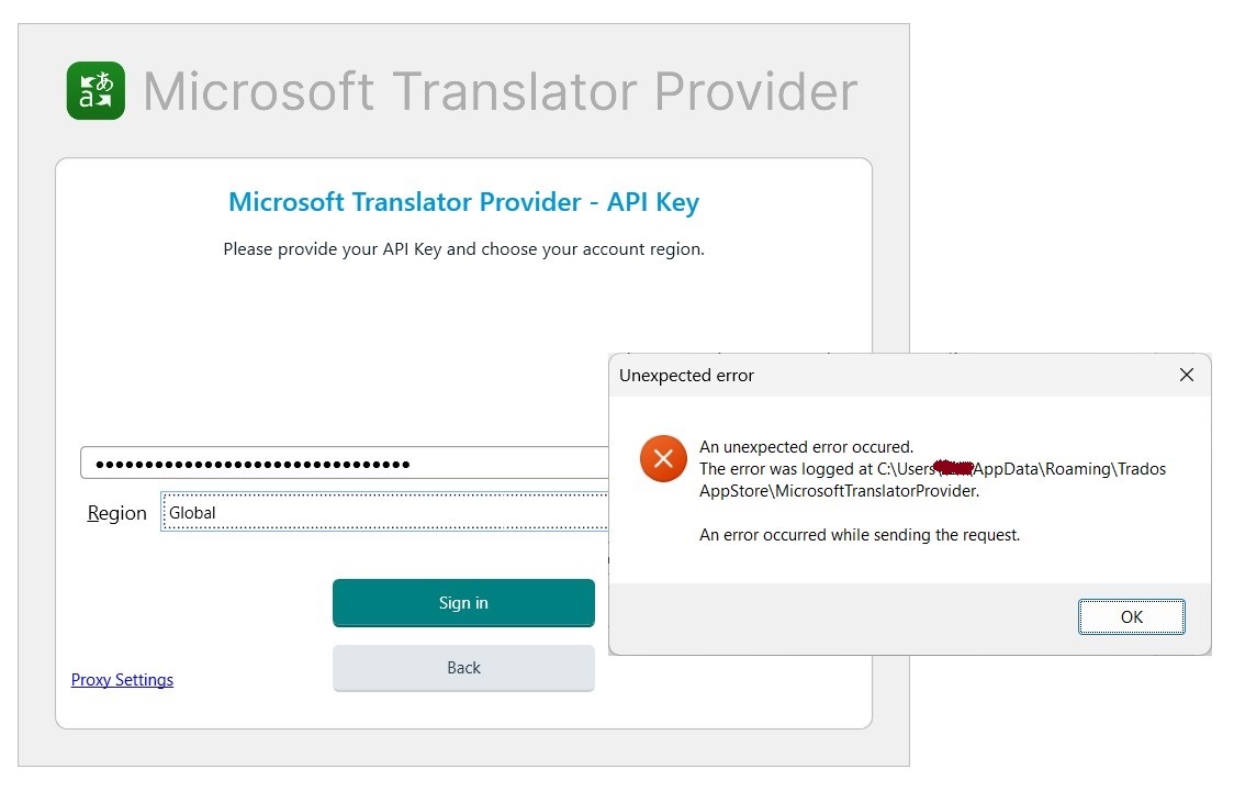 Screenshot of Microsoft Translator Provider API Key setup with an error dialog box stating 'An unexpected error occurred. An error occurred while sending the request.'
