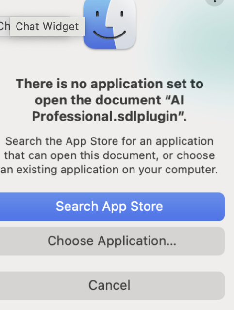 Error message stating 'There is no application set to open the document AI Professional.sdlplugin'. Options to search App Store, choose an application, or cancel are displayed.
