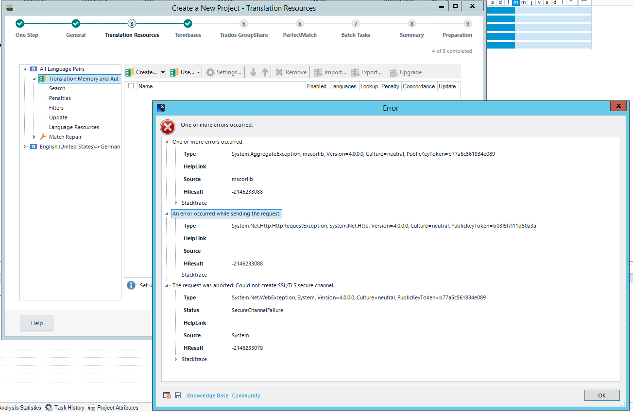 Screenshot of Trados 2022 error dialog with three errors listed. First error: System.AggregateException. Second error: System.Net.Http.HttpRequestException indicating a request sending issue. Third error: System.Net.WebException related to SSLTLS secure channel creation failure.