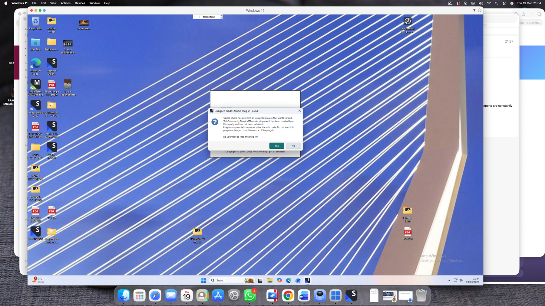 A Windows 11 desktop with a pop-up message titled 'Unsigned Trados Studio Plug-in Found' warning about an unsigned plugin and asking if the user wants to load it.