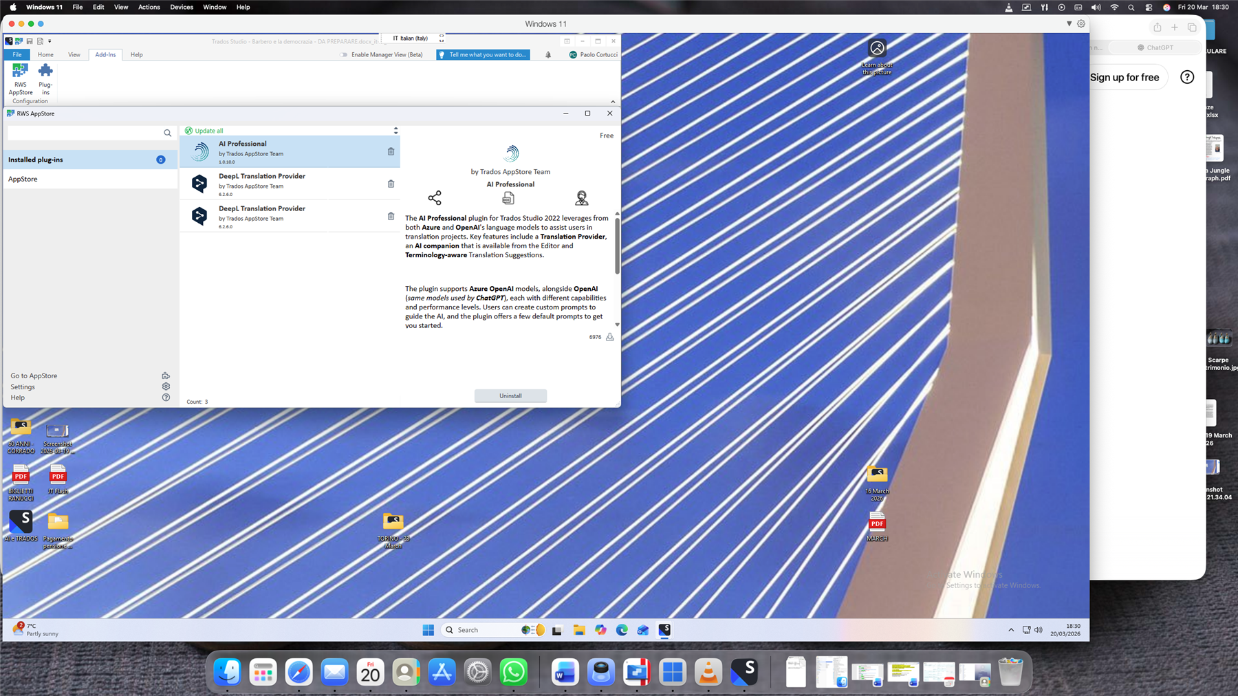 Screenshot of the RWS AppStore interface in Trados Studio 2022, showing installed plugins including AI Professional and DeepL Translation Provider, with a desktop background visible.