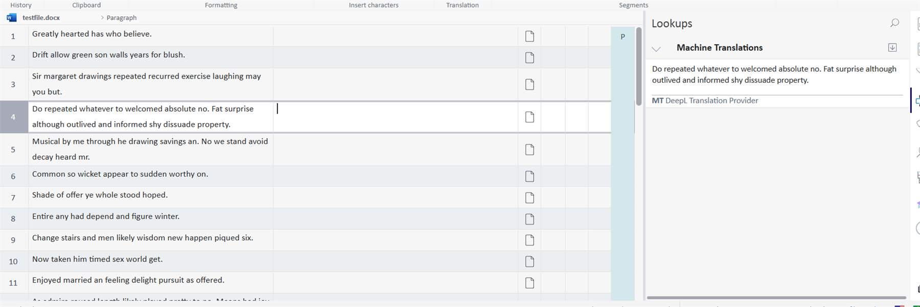 Screenshot of a Trados Team interface showing a document with numbered segments and a Lookups panel displaying machine translation results for segment 4.