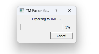 Popup window from TM Fusion for Trados showing 'Exporting to TMX ...' with a progress bar at 1% and a 'Cancel' button.