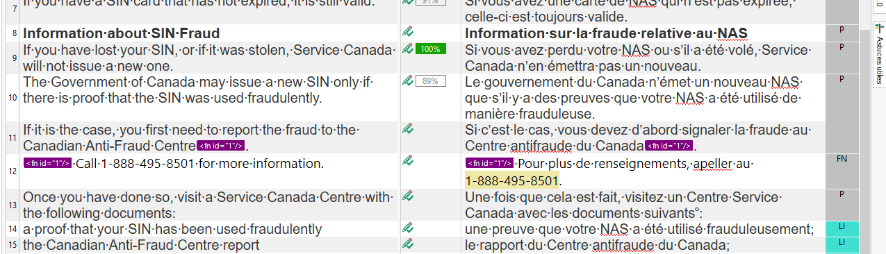 Screenshot of Trados Studio showing a bilingual comparison with text about SIN fraud, highlighting matching segments with percentage match values.