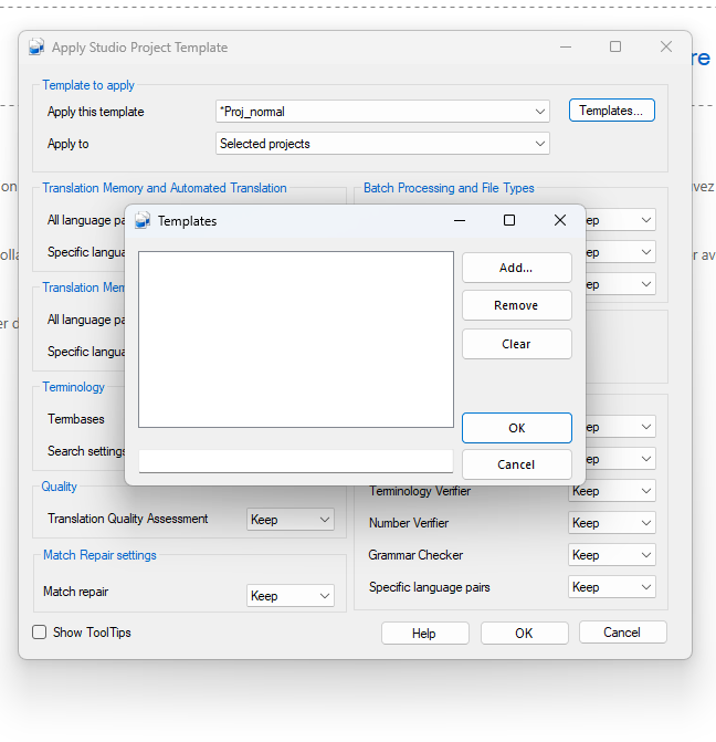 Apply Studio Project Template window with the Templates button clicked, showing an empty Templates dialog with Add, Remove, and Clear buttons.