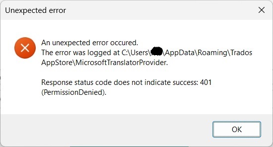 Close-up of an error dialog box with a message 'An unexpected error occurred. Response status code does not indicate success: 401 (PermissionDenied).'
