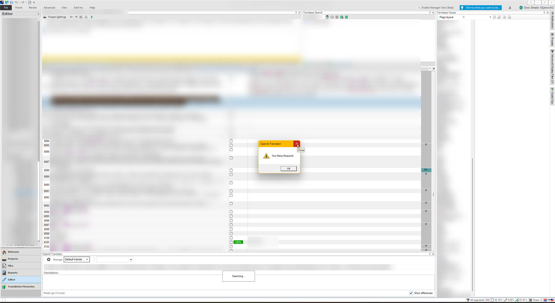 Screenshot of a translation software interface with an error dialog box from OpenAI Translator stating 'Too Many Requests'.