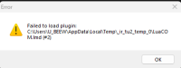 Error message with a yellow warning triangle stating 'Failed to load plugin C:UsersU...AppDataLocalTemp...LuxCOM.lmd (%2)'. An OK button is visible at the bottom right.