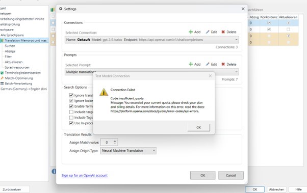 Screenshot of RWS AppStore Applications settings showing a 'Connection failed' error message with code 'insufficient_quota' indicating the user exceeded their quota.