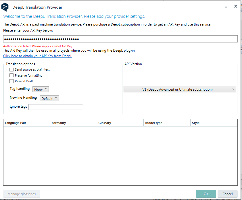 DeepL Translation Provider settings window showing an error message: 'Authorization failed. Please supply a valid API key.' Fields for API key, translation options, and API version are visible.