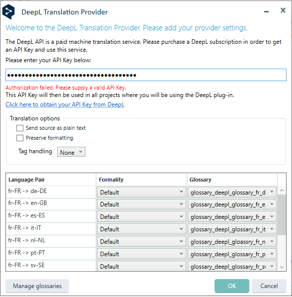 DeepL Translation Provider settings window showing an error message: 'Authorization failed. Please supply a valid API Key.' The API key field is filled, and language pairs with glossaries are listed below.