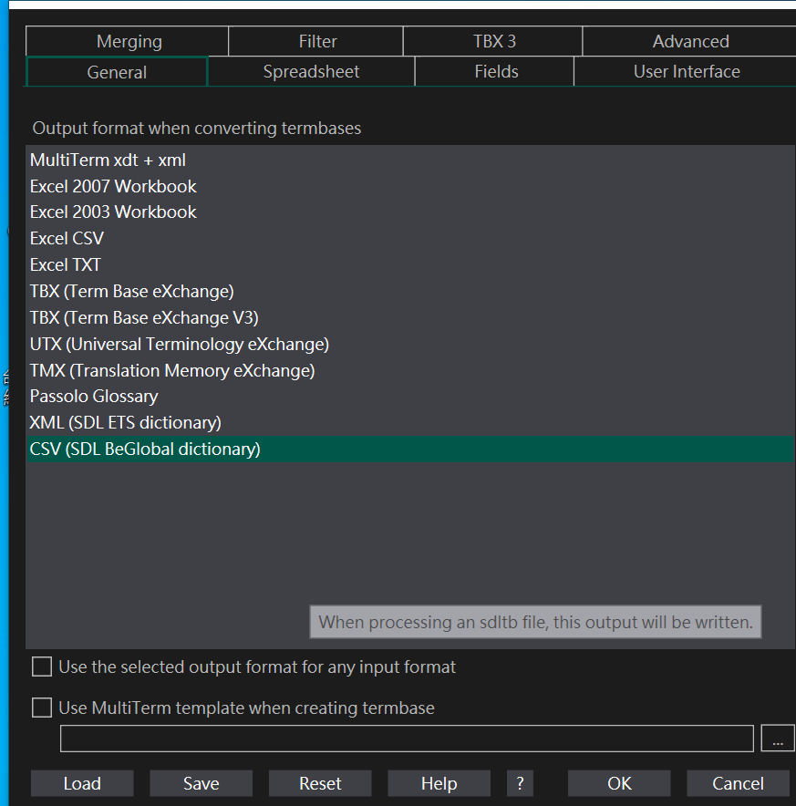 Can't find the "sdltm" option in settings of glossary converter 2