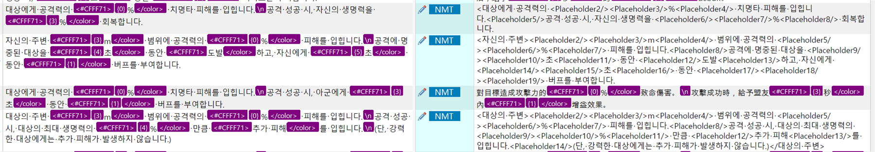Screenshot of translation segments with excessive placeholders highlighted in purple and orange, indicating incorrect placeholder usage.