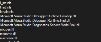 List of loaded files and DLLs including Microsoft.VisualStudio.Debugger.Runtime.Desktop.dll and other related files.