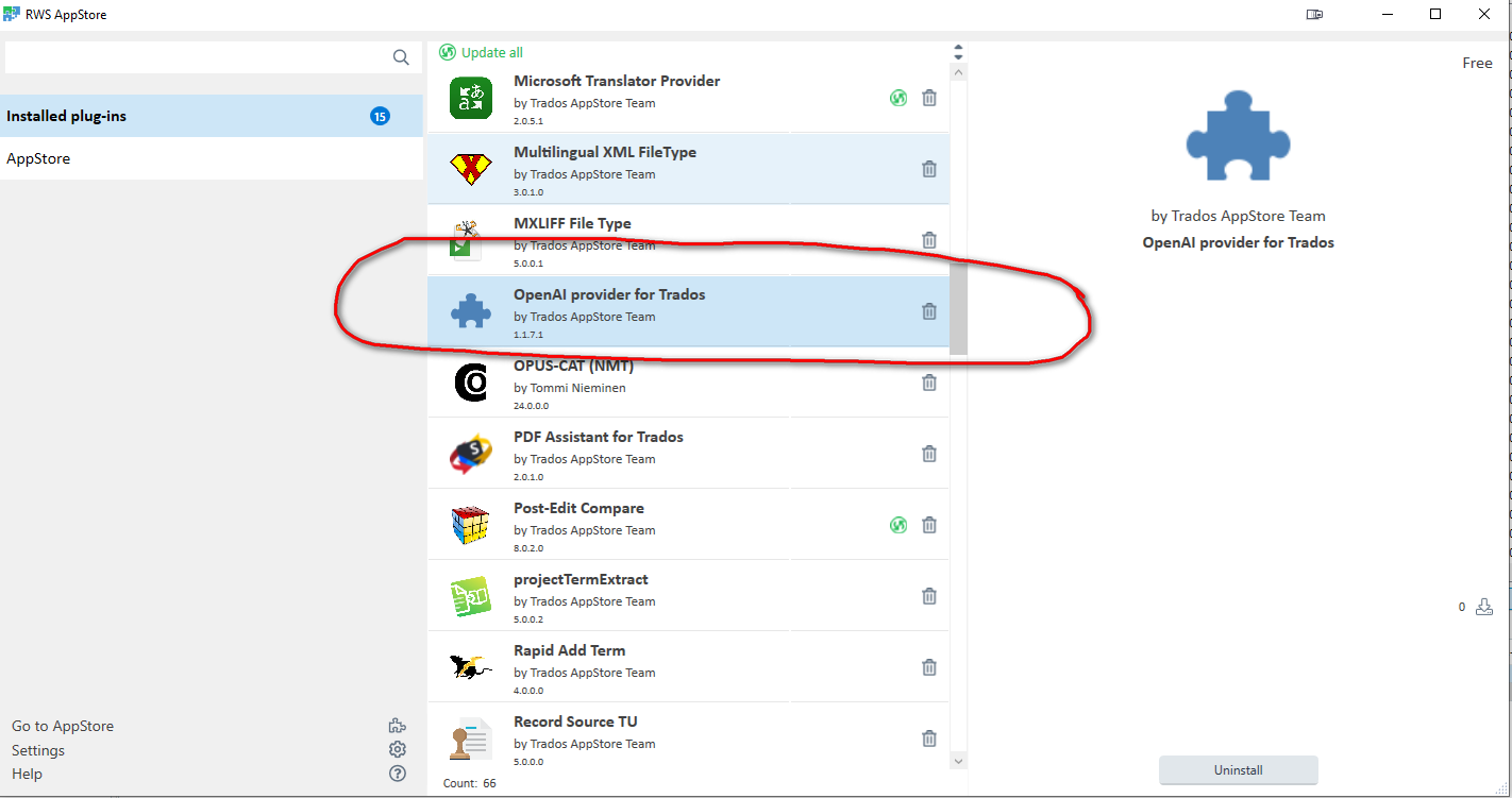 Screenshot of the RWS AppStore interface showing installed plugins. The 'OpenAI provider for Trados' plugin is highlighted with a red oval. The plugin version is 1.1.7.1.