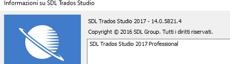 SDL Trados Studio 2017 application information window showing version 14.0.5821.4 with copyright notice.