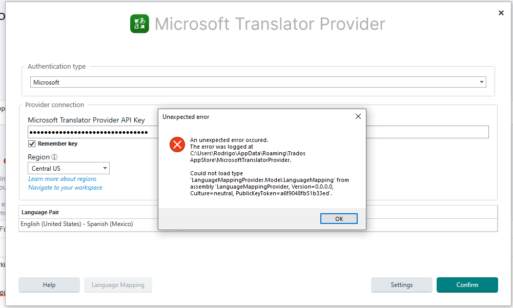 Error message in Microsoft Translator Provider window showing 'Unexpected error' with details 'Could not load type LanguageMappingProvider.Model.LanguageMapping from assembly LanguageMappingProvider'.