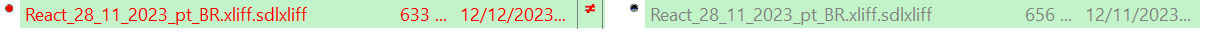 Two file tabs in a software interface, both with red exclamation marks indicating errors or warnings in 'React_28_11_2023_pt_BR.xliff.sdlxliff' files.