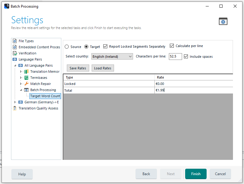 Trados Studio 2022 SR2 settings window showing Batch Processing options with Target Word Count selected and English (Ireland) as the language pair.